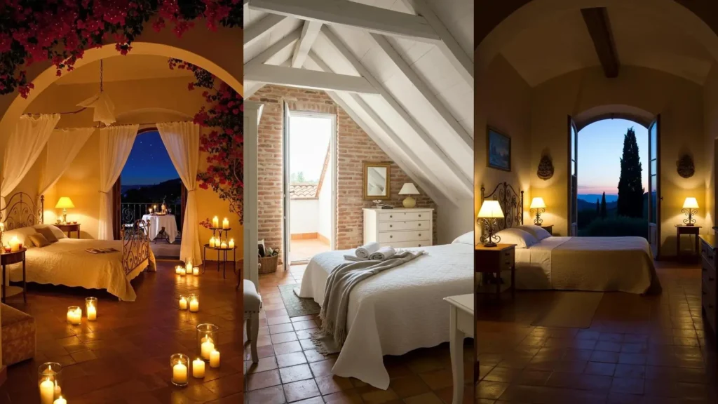 Three Mediterranean bedrooms, each with terracotta tiles, arched doorways, and elegant decor, creating a timeless sanctuary.