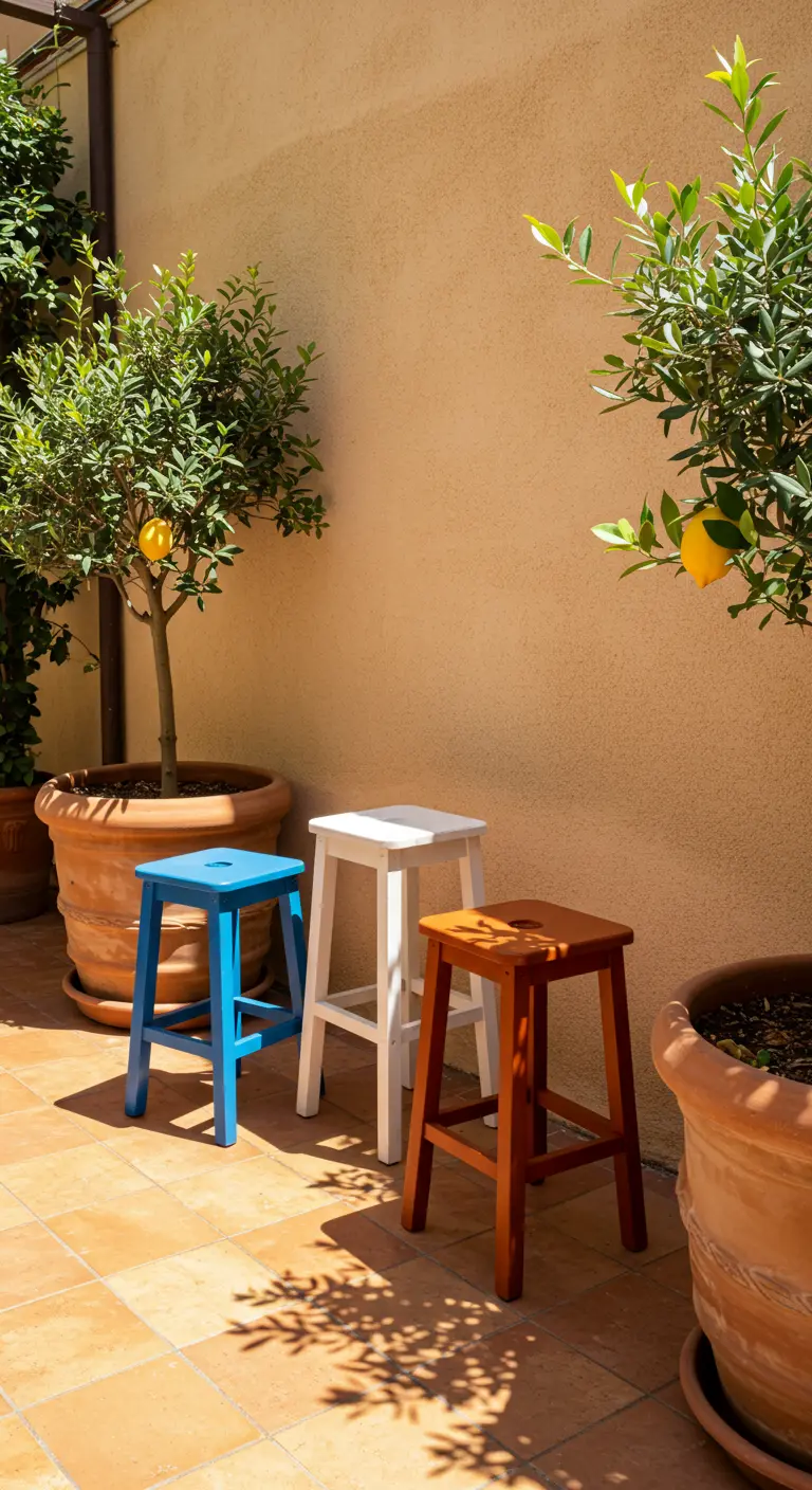 Blue, white, and terracotta stools on a sunny patio next to potted lemon trees.