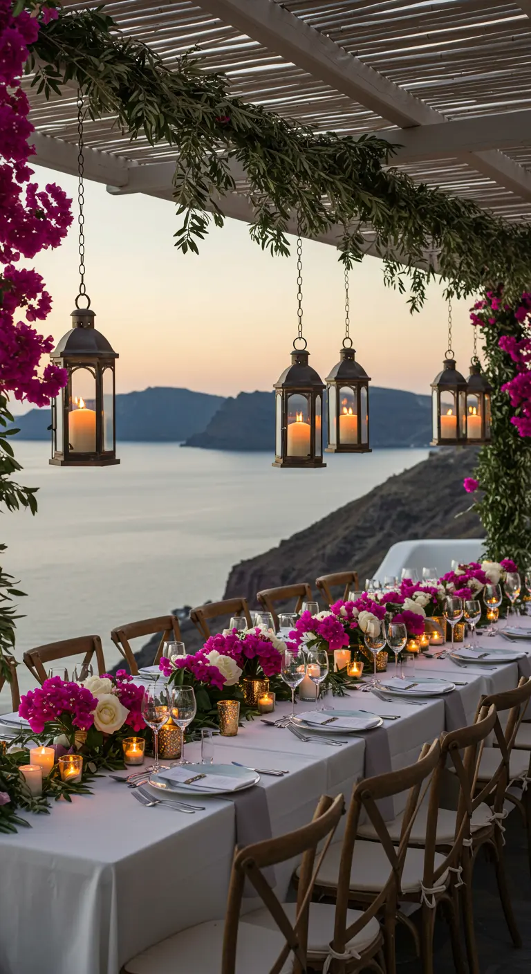 Dinner table on a terrace overlooking the sea, with hanging iron lanterns and pink bougainvillea.
