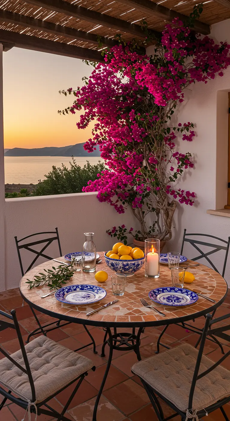 A round mosaic table on a terrace with lemons and bougainvillea, overlooking the sea.