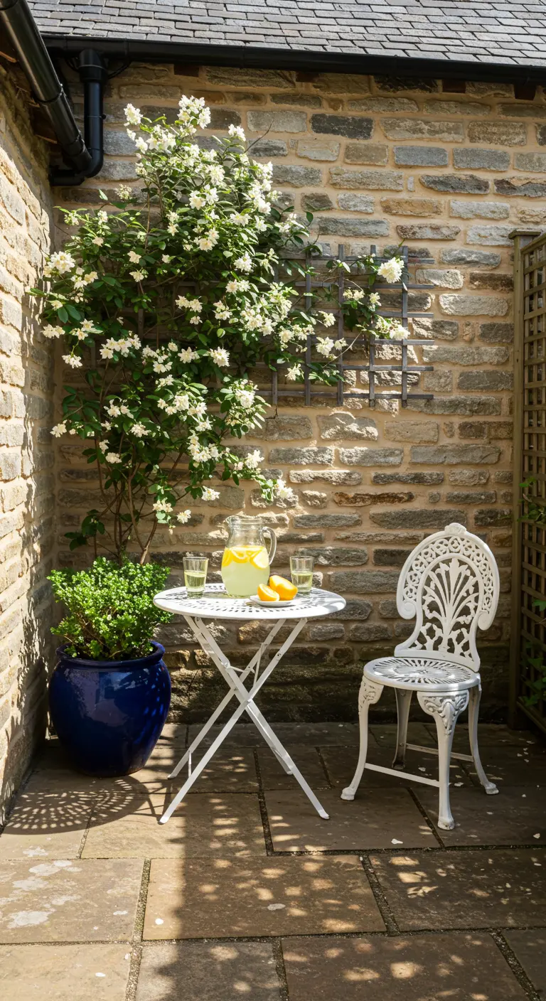 A white bistro set on a sunny stone patio, with a large, vibrant blue planter.