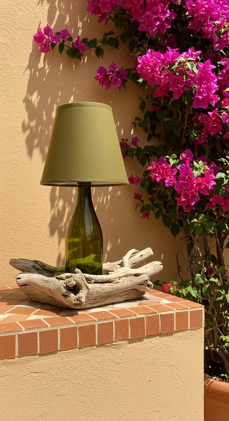A wine bottle lamp with a green shade and driftwood base on a terracotta wall with flowers.