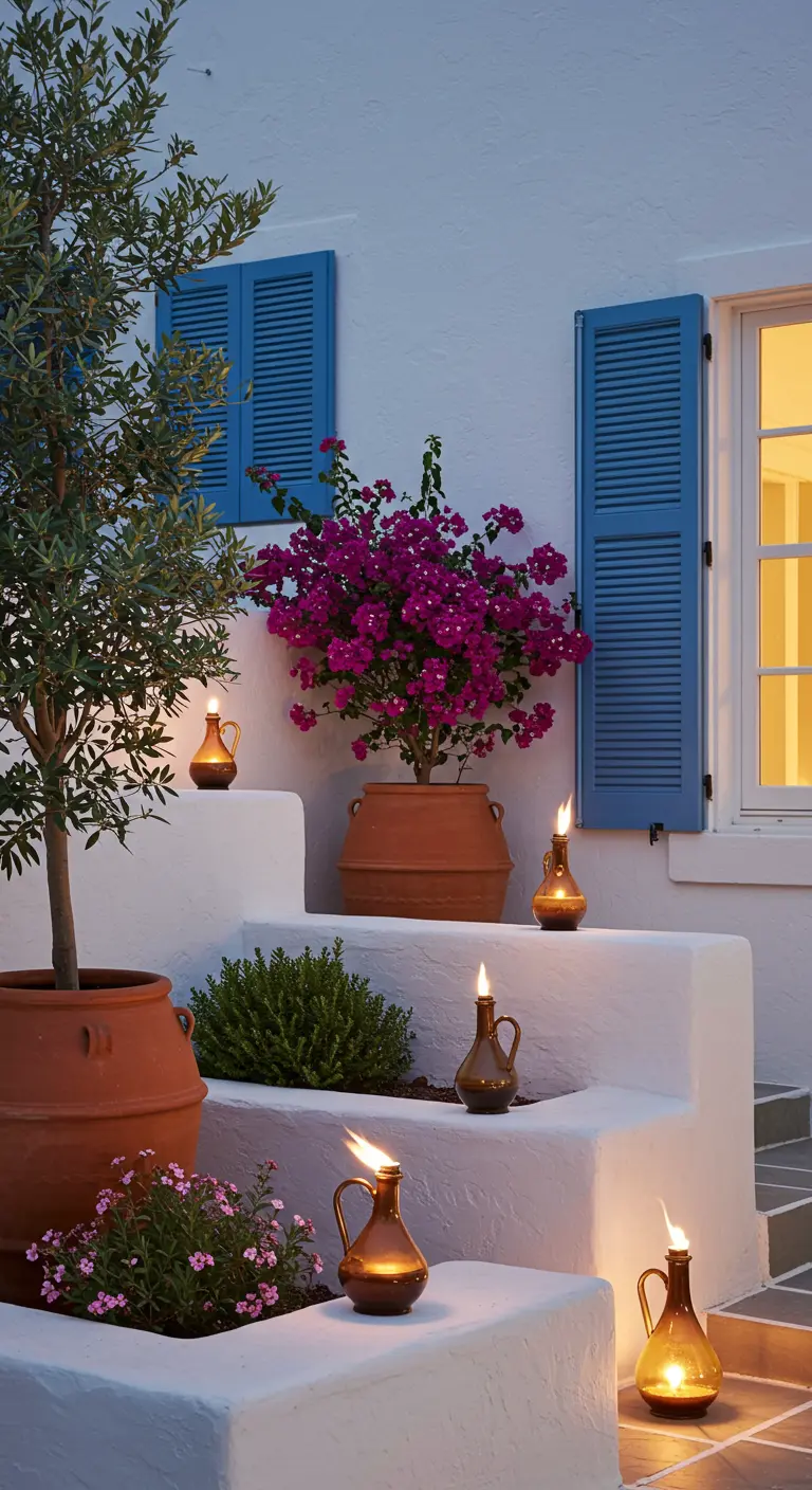 Whitewashed Mediterranean steps adorned with small, amber glass pottery-style torches.