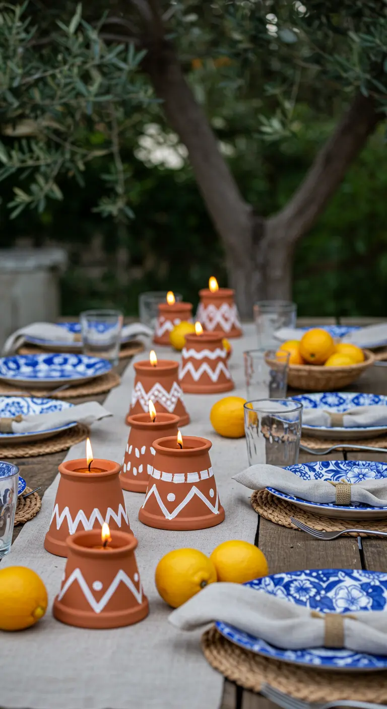 Small, upside-down terracotta pots with white painted patterns used as candle holders.