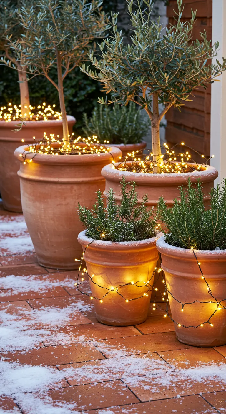 Terracotta pots with olive and rosemary trees, decorated with fairy lights on a snowy patio.
