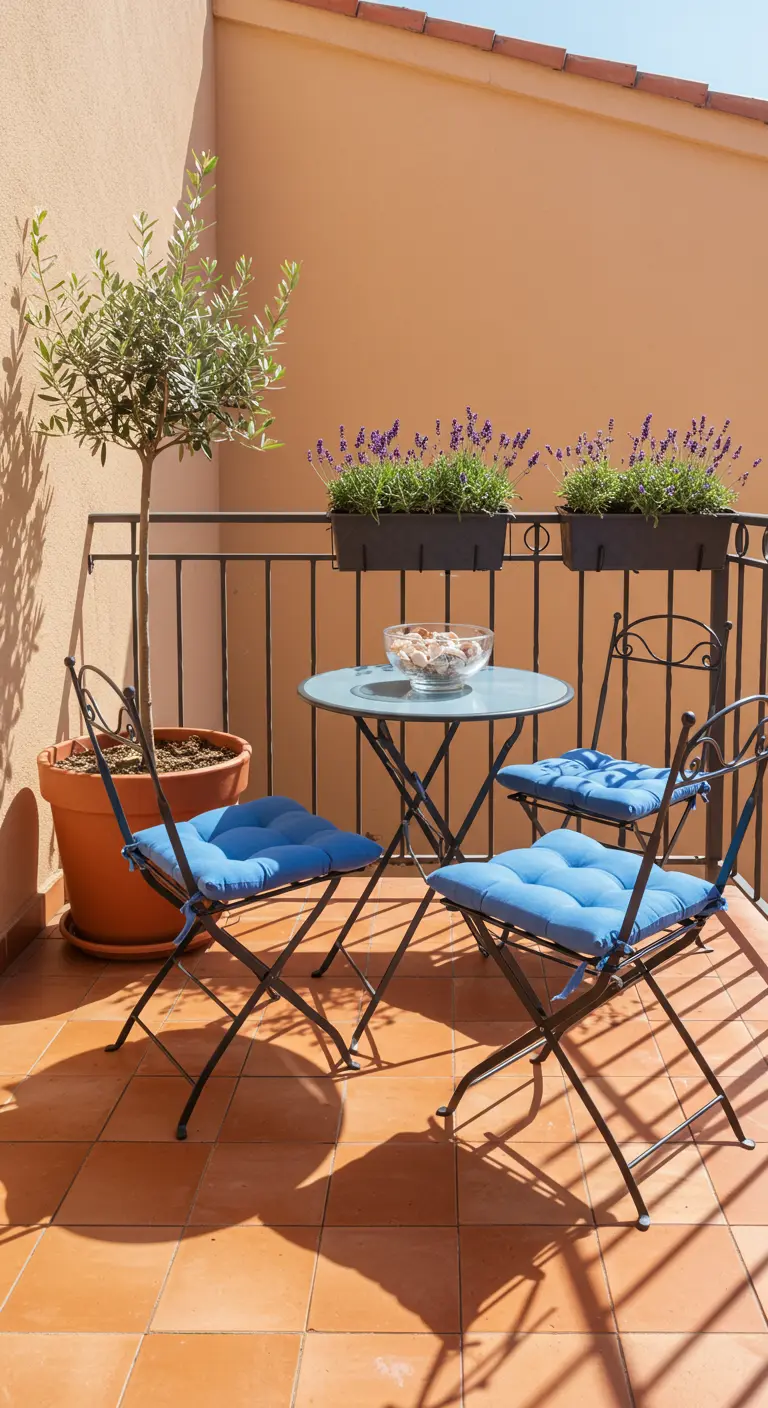 A small black bistro set with blue cushions next to a potted olive tree and lavender planters.