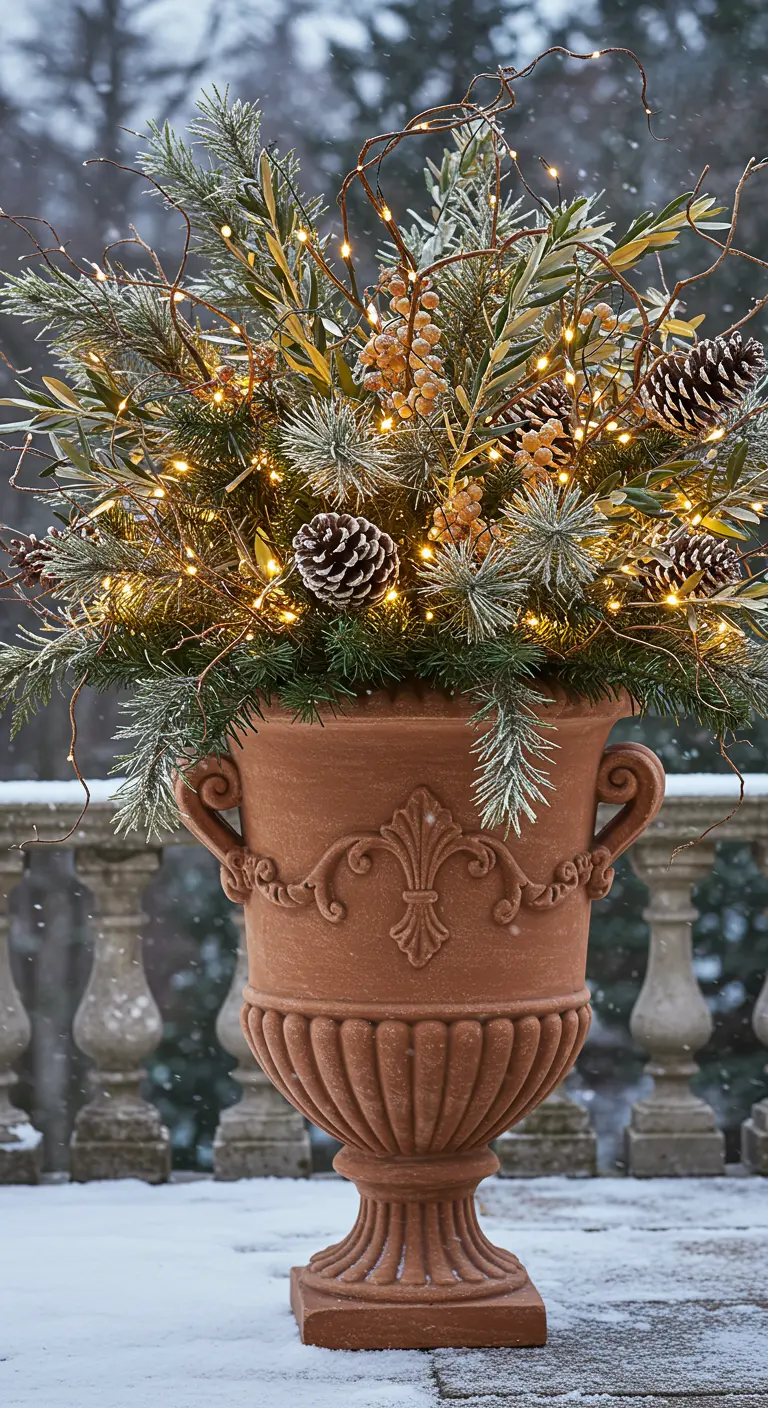 An ornate terracotta urn with a mix of pine, olive branches, and frosted berries.