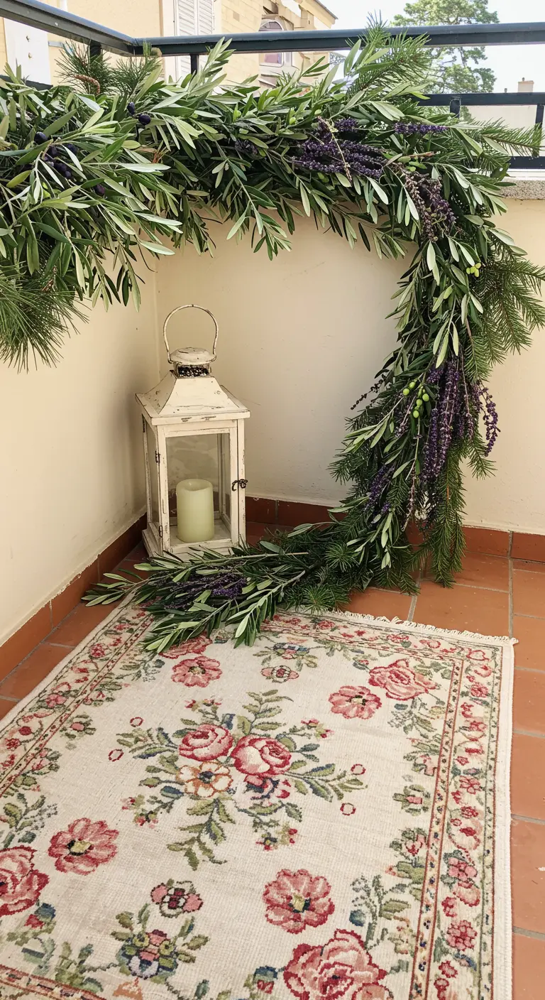 A floral rug on a terracotta balcony with a large wreath of olive branches and lavender.