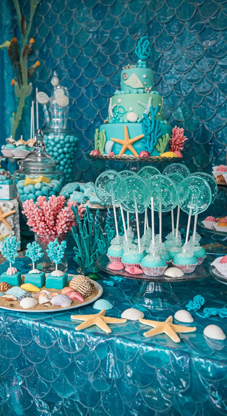 Under-the-sea themed candy table with a mermaid scale backdrop and coral candy.