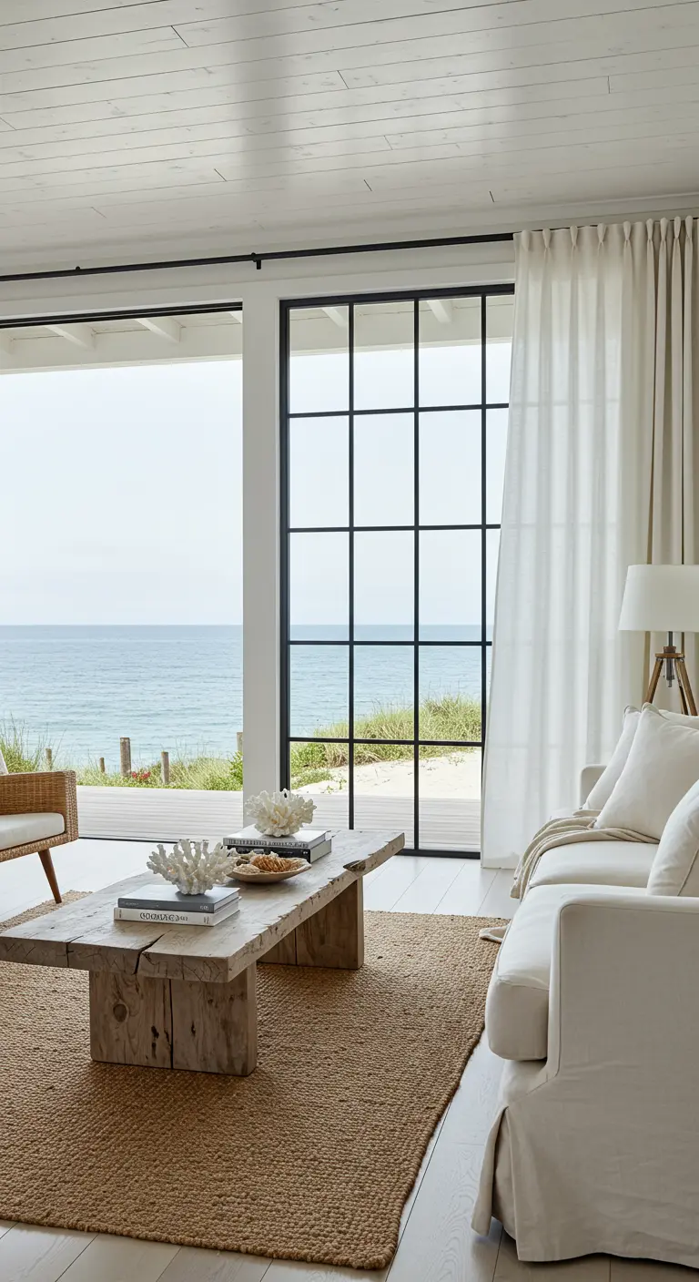 Bright coastal living room with white furniture, a jute rug, and steel-framed doors open to the ocean.