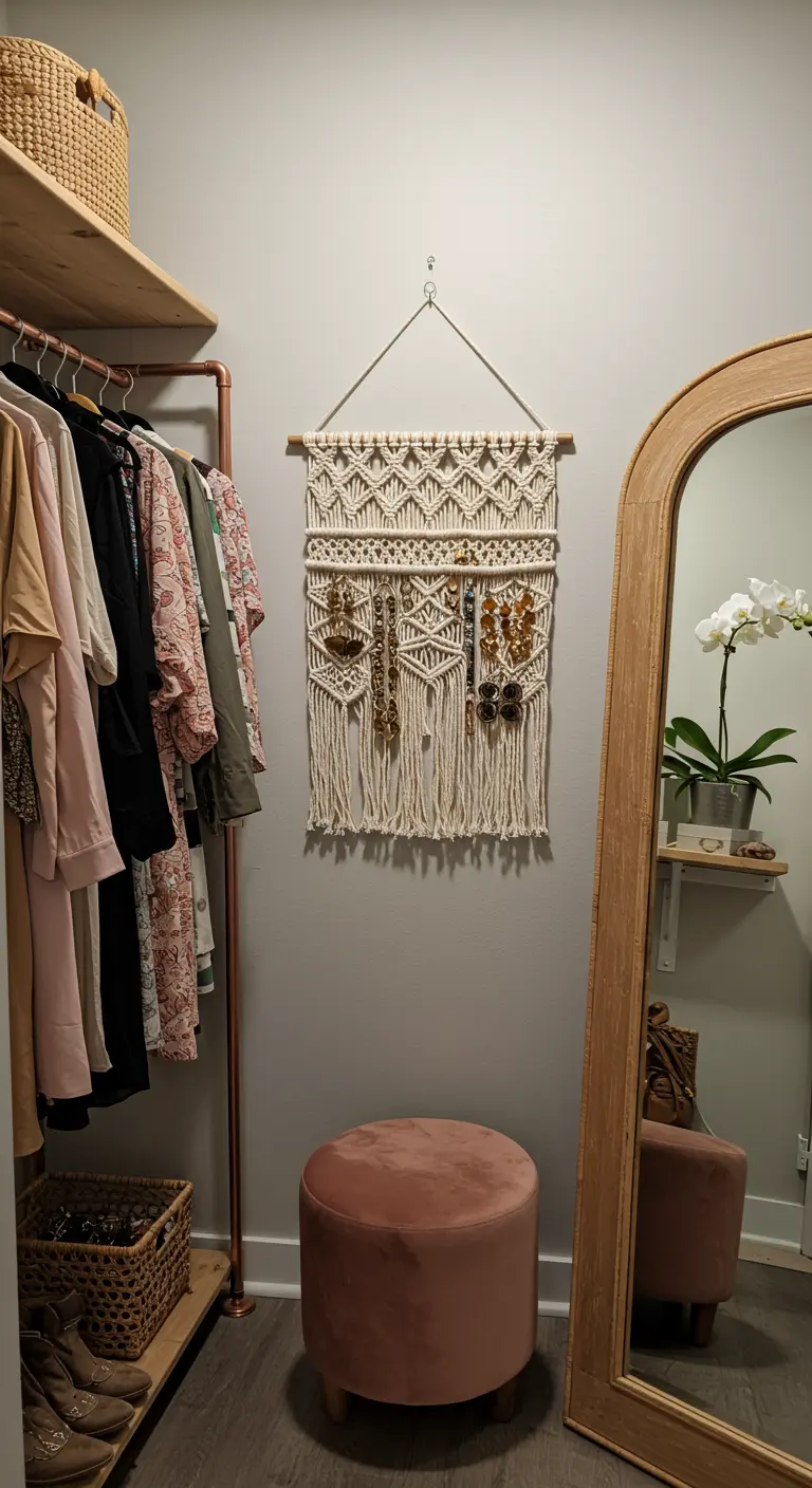 Walk-in closet with a macrame wall hanging used as a jewelry organizer.