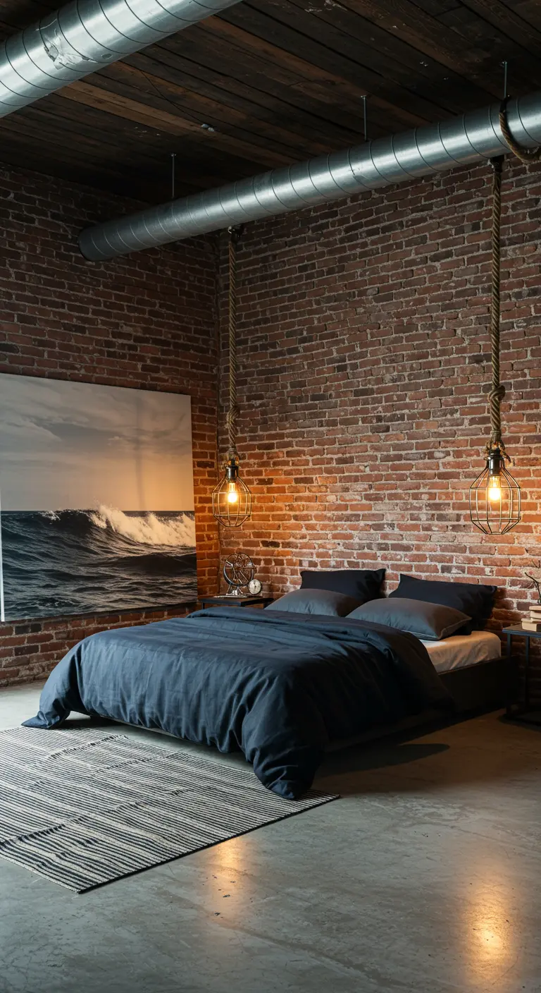 Industrial loft bedroom with a brick wall and caged pendant lights hanging from thick ropes.