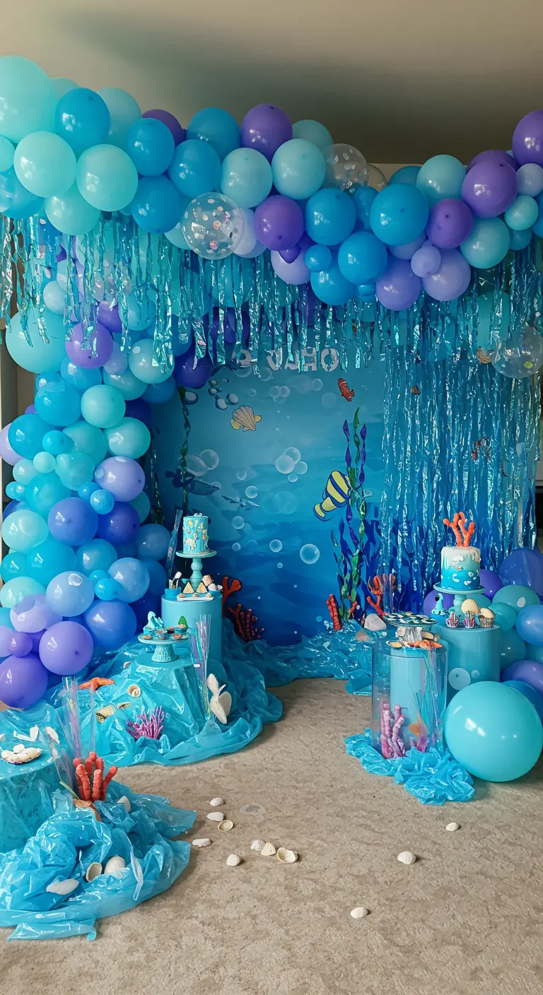 An under-the-sea themed balloon arch in shades of blue and purple with a themed backdrop.