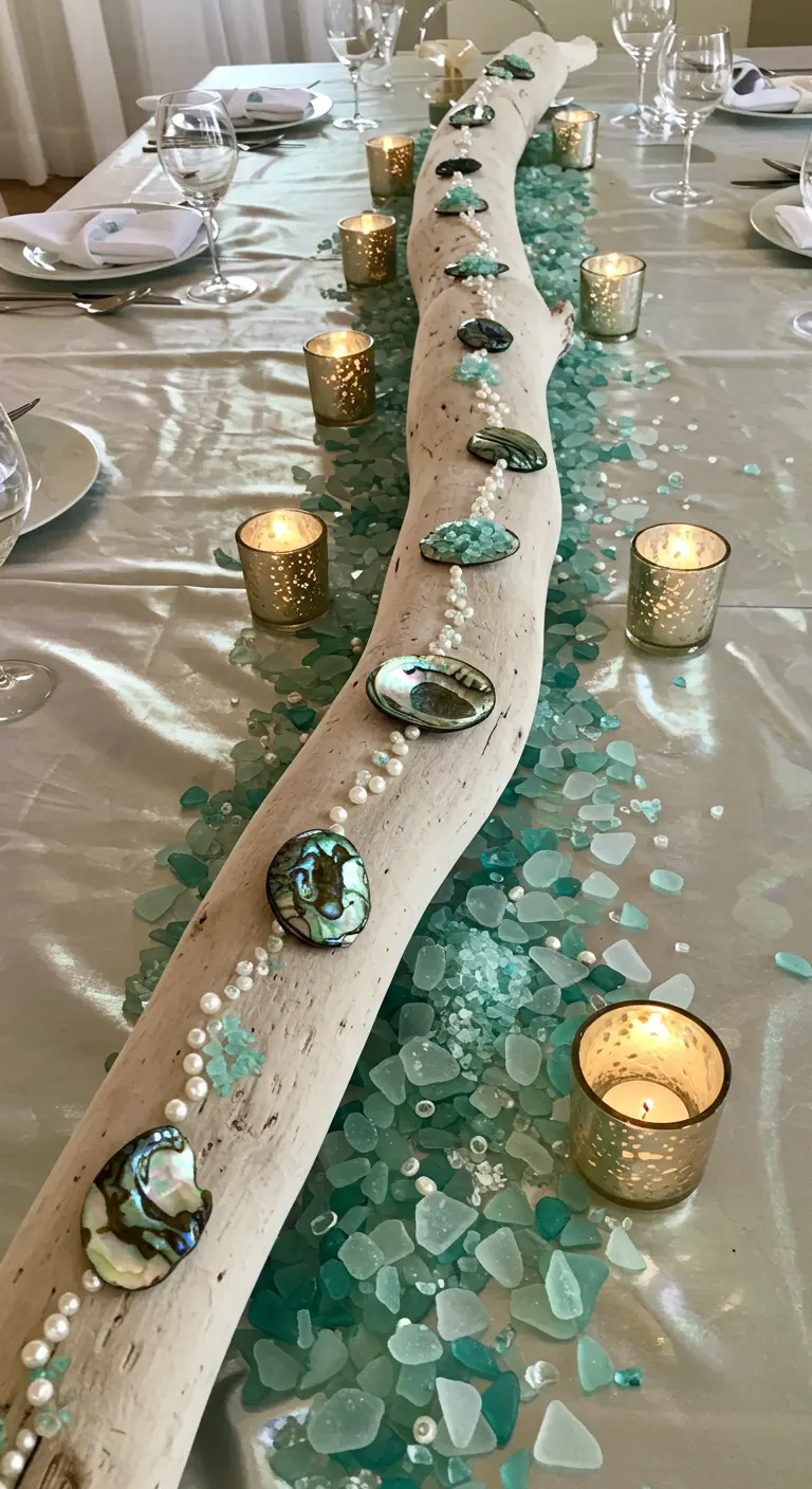 A long piece of driftwood decorated with abalone shells, pearls, and sea glass.