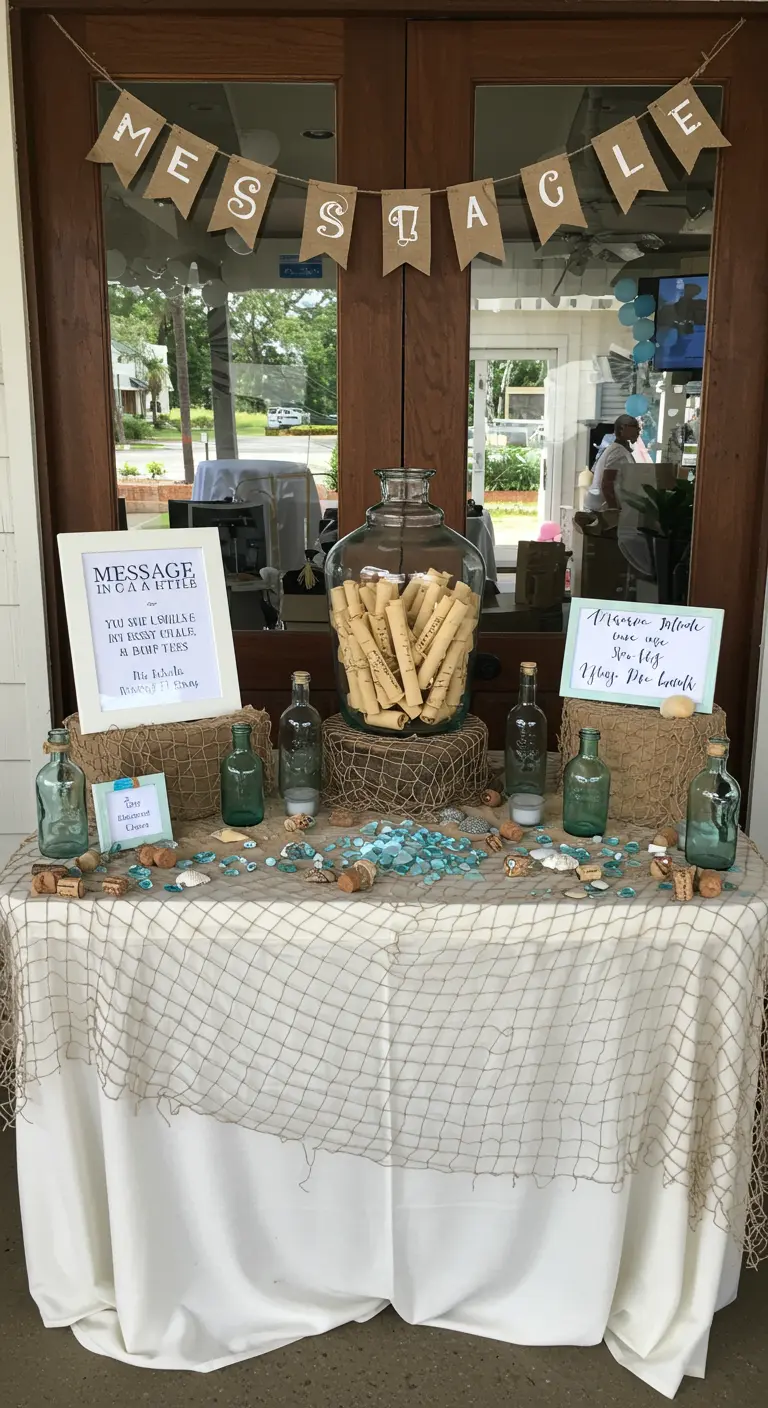 Message in a bottle guest book station with a large glass jar and scrolled notes.