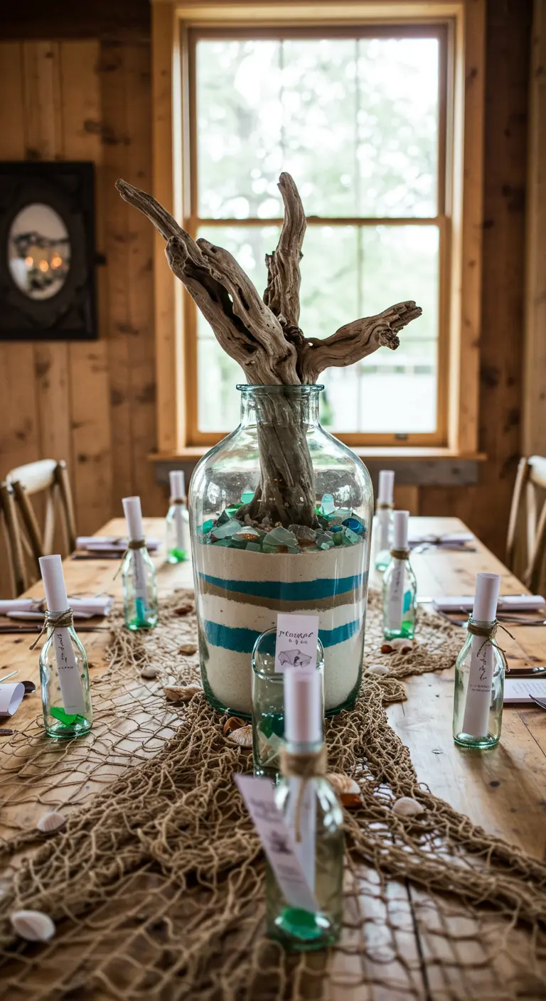 Table with a message-in-a-bottle theme, using small bottles as place cards.