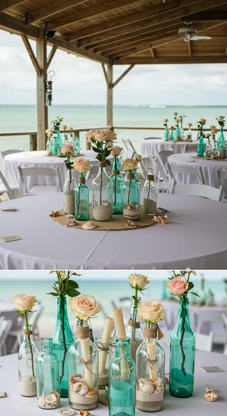 Centerpiece made of various sea glass bottles with roses, sand, and shells.