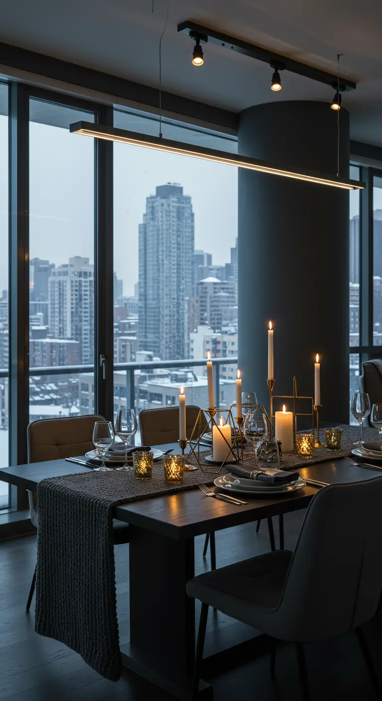 Modern city apartment dining table with a dark knit runner and geometric candle holders.