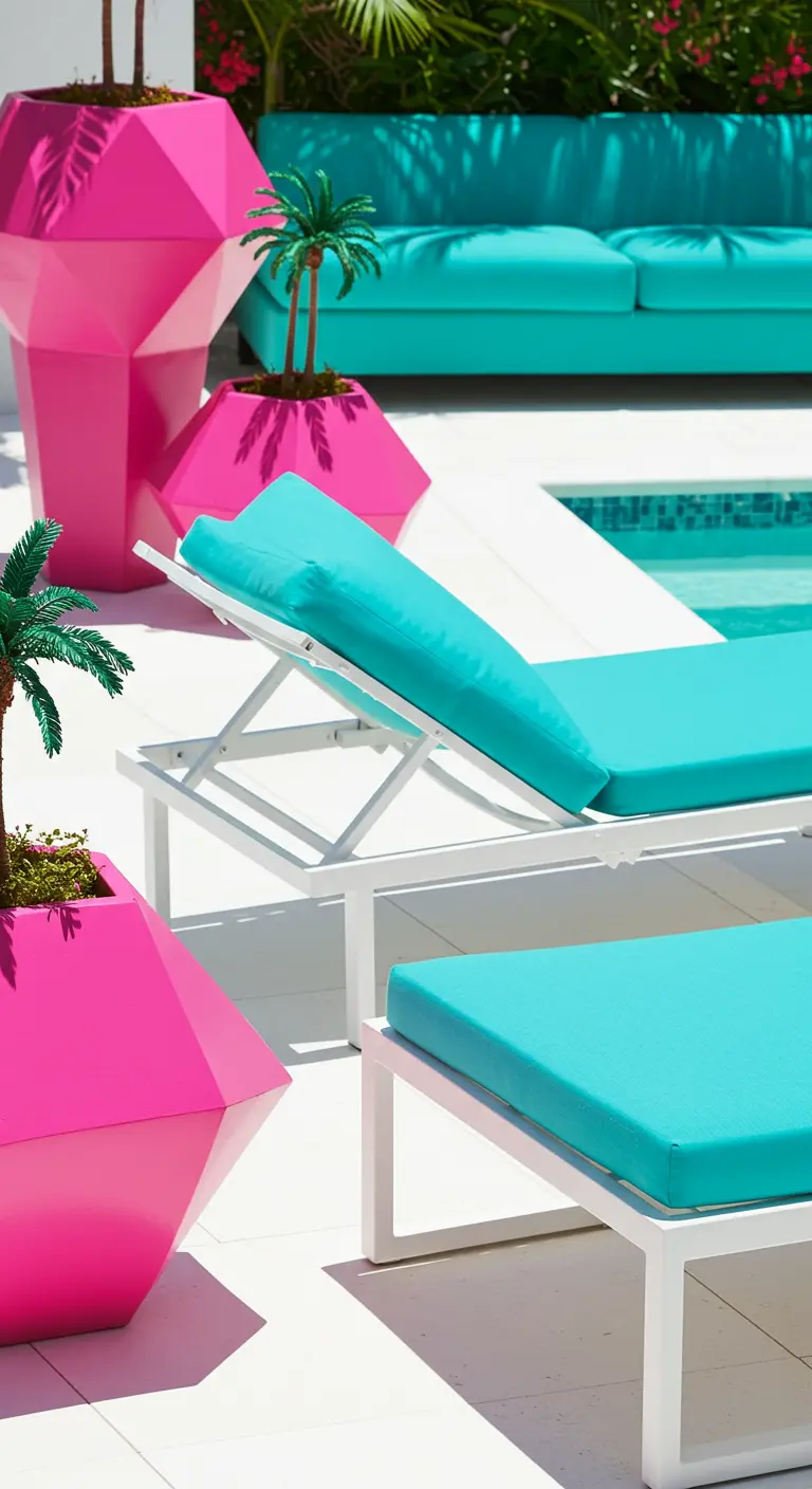 Turquoise chaise lounges and a sofa by a pool with bright pink faceted planters.