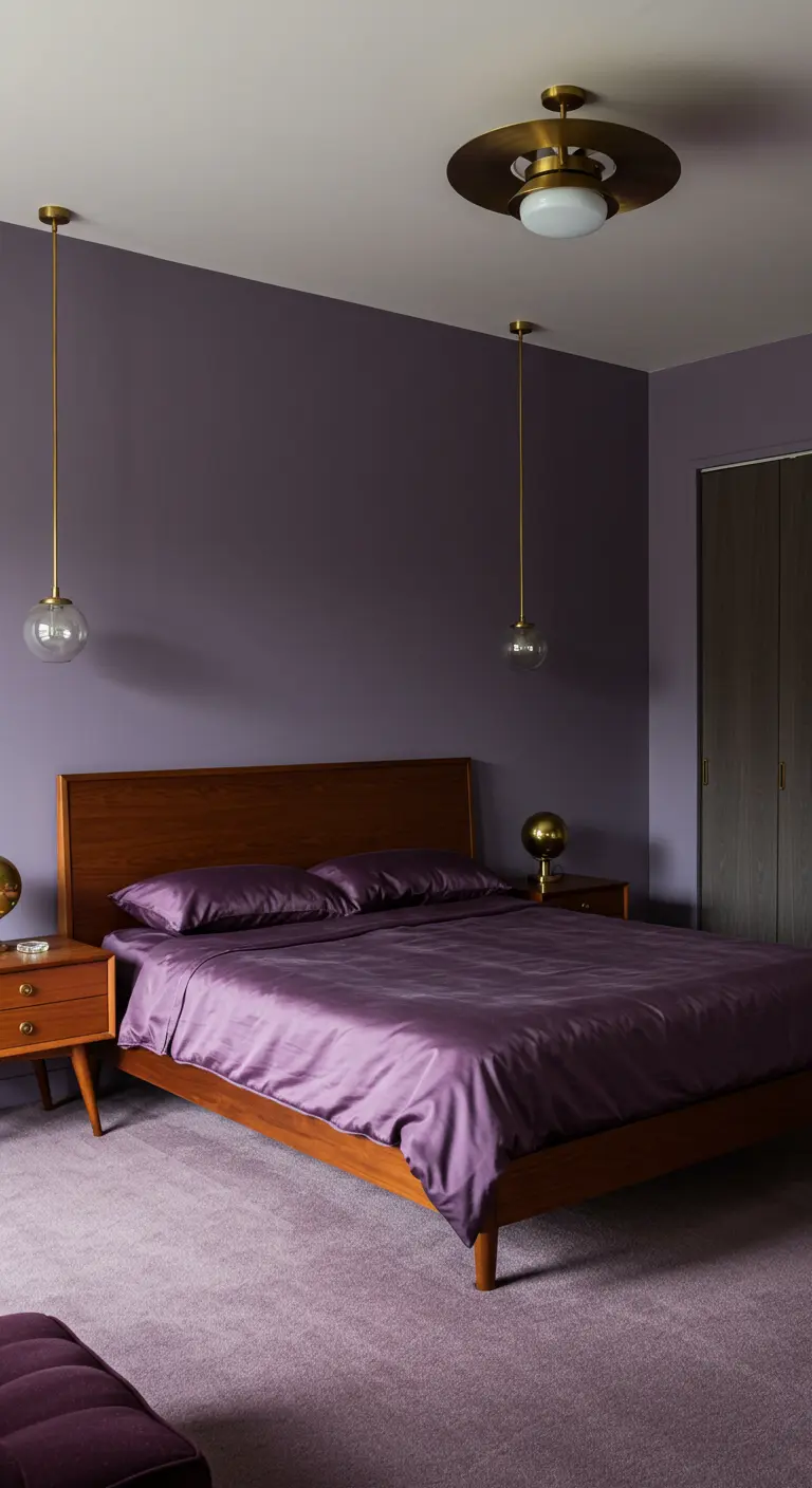 Mid-century modern bedroom with dusty purple walls and a wood bed frame.
