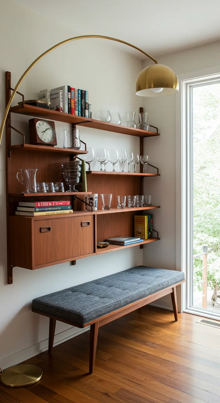 A mid-century modern reading area with a wood bench and wall-mounted shelves under an arc lamp.