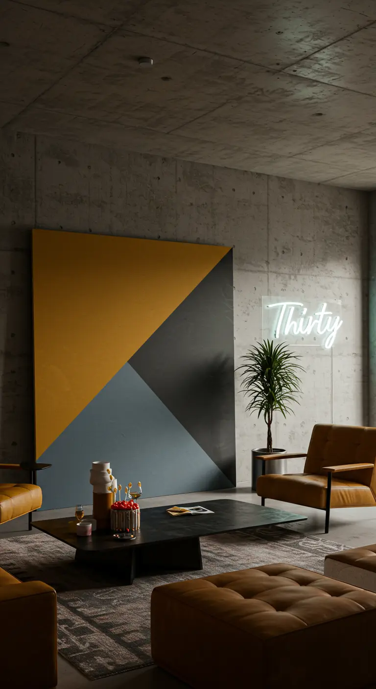 A large geometric painting with yellow and gray triangles behind a modern lounge area.
