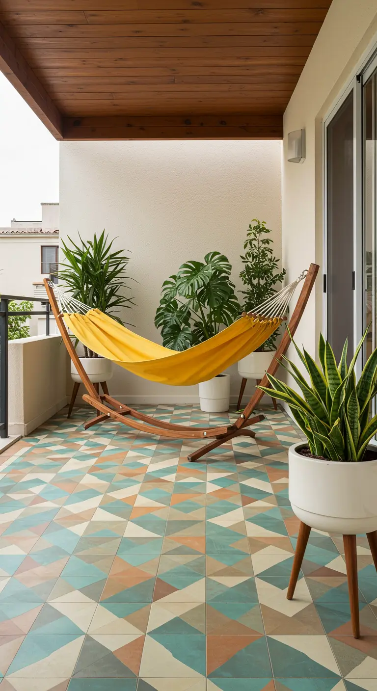 Balcony with colorful geometric tiles, a yellow hammock on a wooden stand, and potted plants.