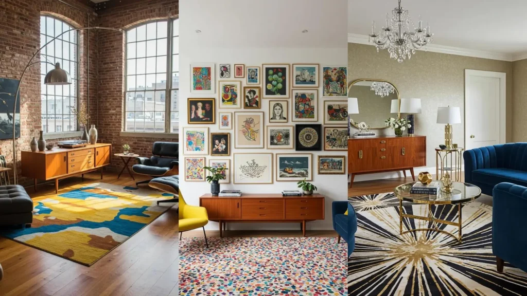 Three stylish mid-century modern living rooms with teak credenzas and bold abstract rugs.