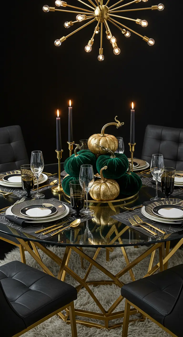 Modern Halloween table with emerald and gold velvet pumpkins under a sputnik chandelier.
