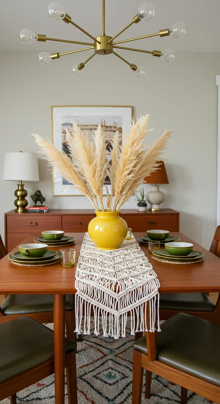 Mid-century modern dining table with a macramé runner and a bright yellow vase.
