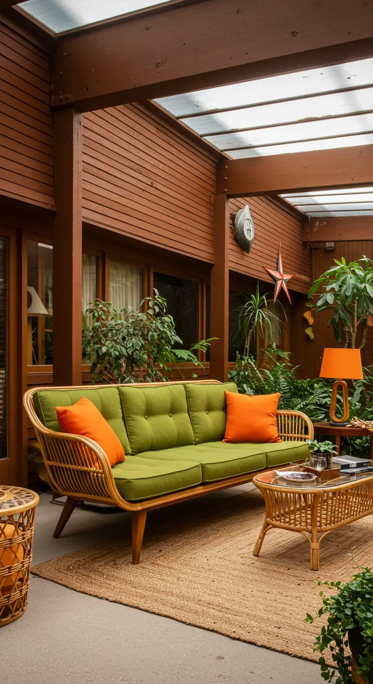 A mid-century modern rattan sofa with green and orange cushions in a wood-paneled atrium.