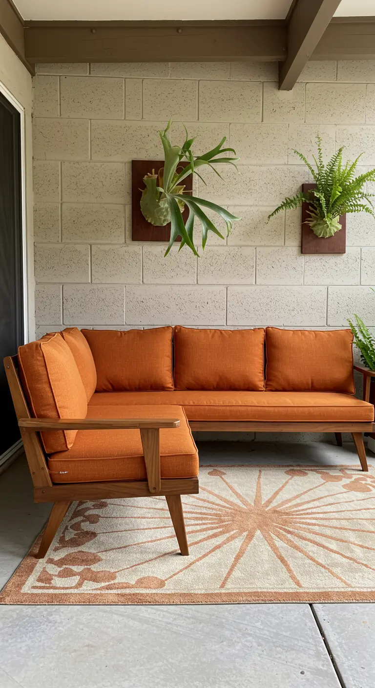 A mid-century modern sectional with staghorn ferns mounted on the wall behind it.