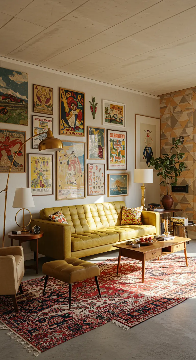 Mid-century modern living room with a mustard yellow sofa, wooden coffee table, and a gallery wall of vintage posters.