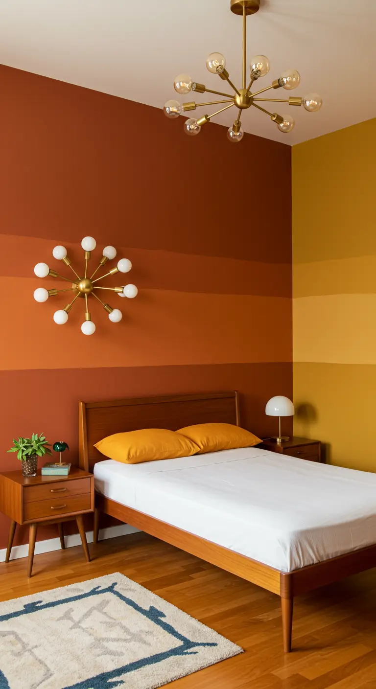 A Mid-Century Modern bedroom with color-blocked walls in rust and yellow, and a Sputnik chandelier.