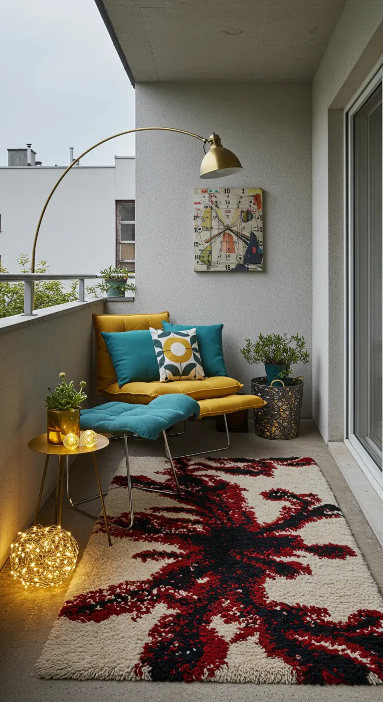 A balcony with a bold red and black shag rug, a yellow chair, and a large brass arc lamp.