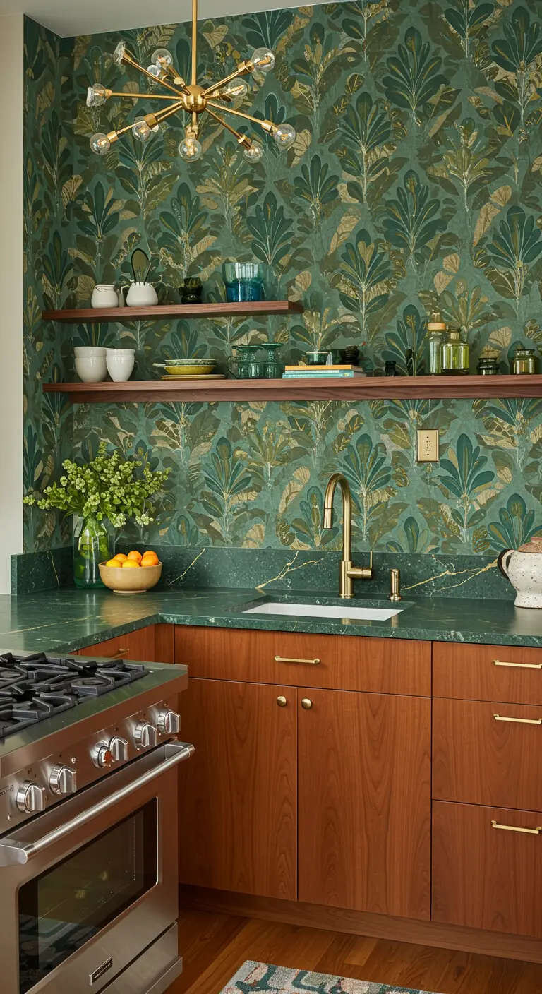 Kitchen with green and gold botanical wallpaper, walnut cabinets, and a brass sputnik chandelier.