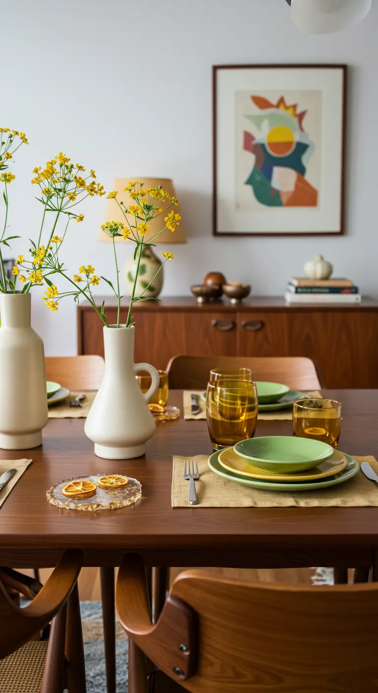 Mid-century modern table with a resin coaster containing dried orange slices.