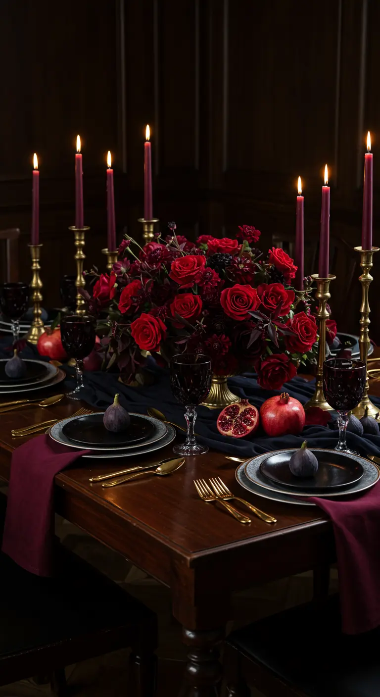 Moody tablescape with red roses, black plates, and dark red candles.