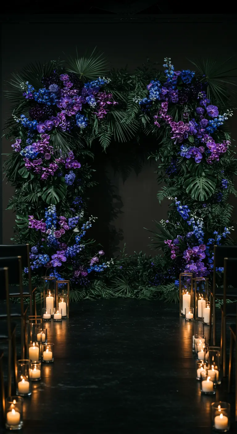 A moody floral arch with dark green leaves and flowers in shades of purple and blue, lit by candles.