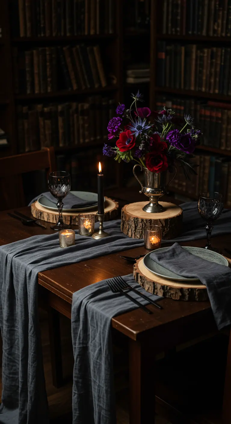 A moody, dark tablescape with a grey runner, black candles, and dark purple flowers.