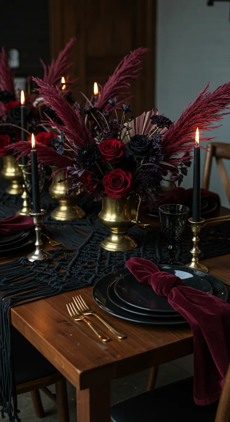 Moody tablescape with a black macramé runner, dark florals, and gold accents.