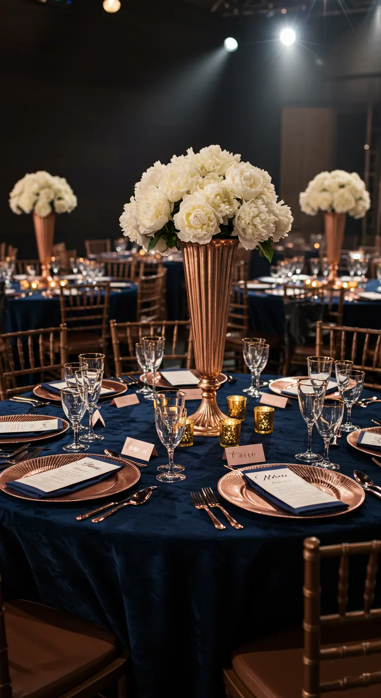 Moody tablescape with navy velvet, rose gold chargers, and white peonies.