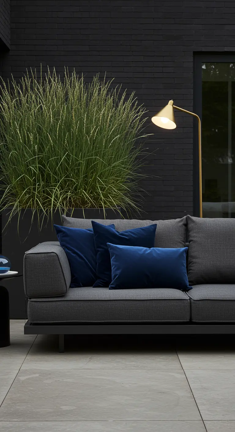 A modern grey sofa with navy blue velvet pillows next to a brass floor lamp and tall ornamental grass.