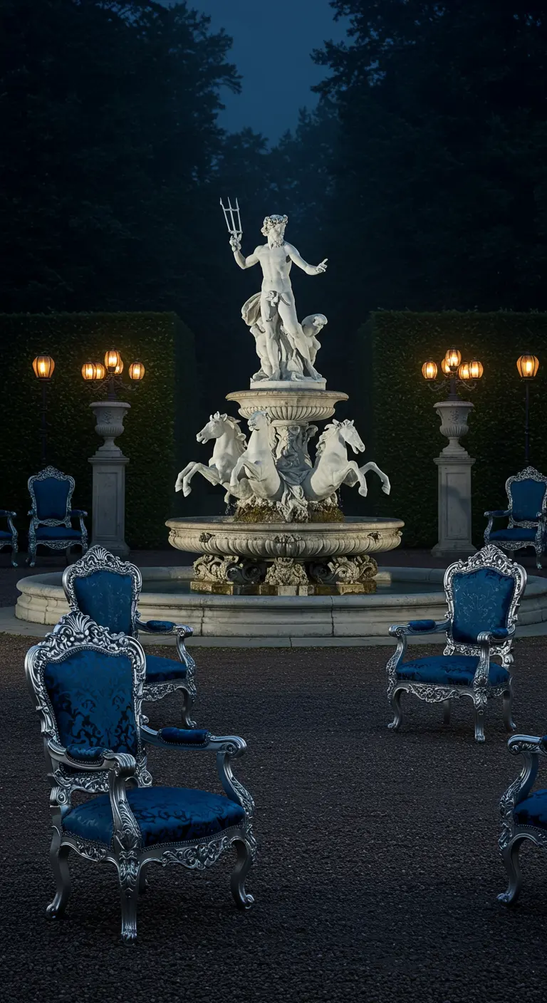 Blue and silver baroque chairs circle a dramatically lit Neptune fountain at night.