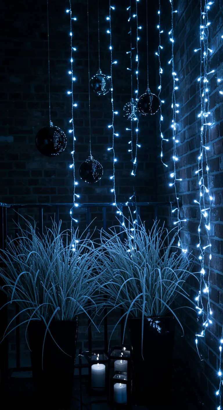 A dark balcony with dramatic blue icicle lights and tall ornamental grasses.