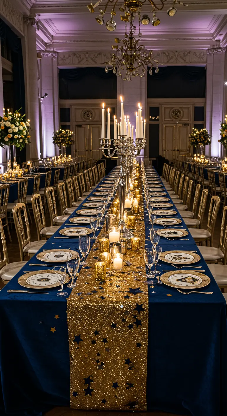 Long banquet table with a blue cloth, gold star runner, and a grand silver candelabra for NYE.