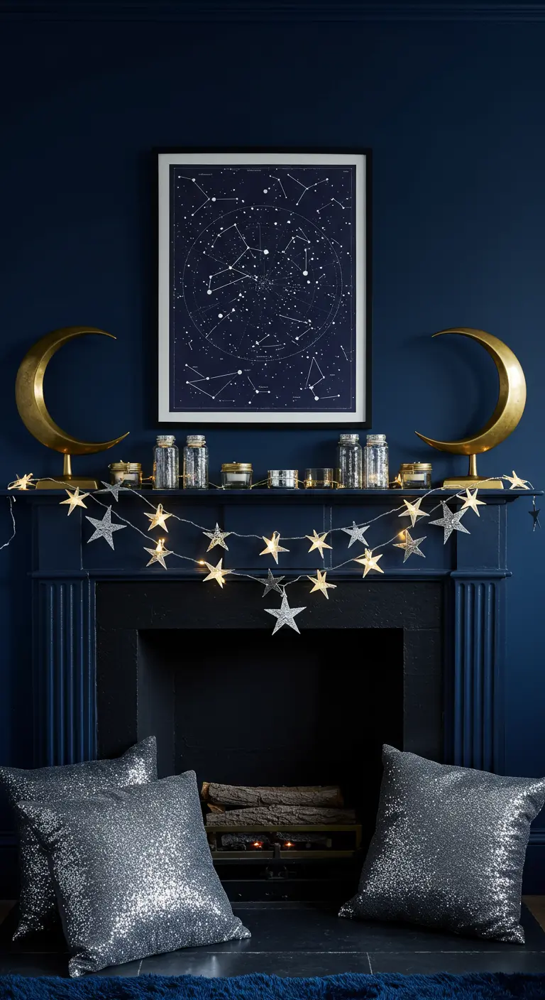 Celestial-themed mantel with a star chart, gold moons, and star-shaped lights.