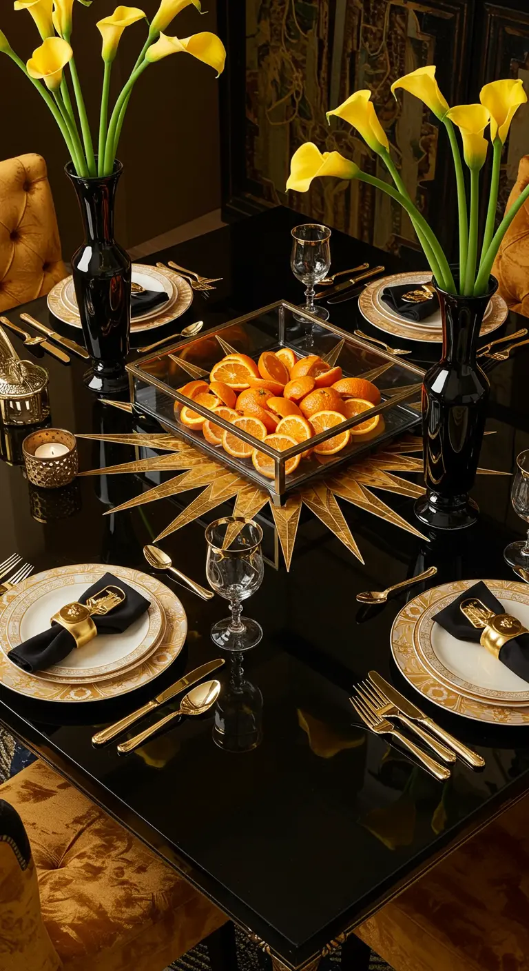 A glamorous black table with gold cutlery, yellow calla lilies, and a box of oranges.