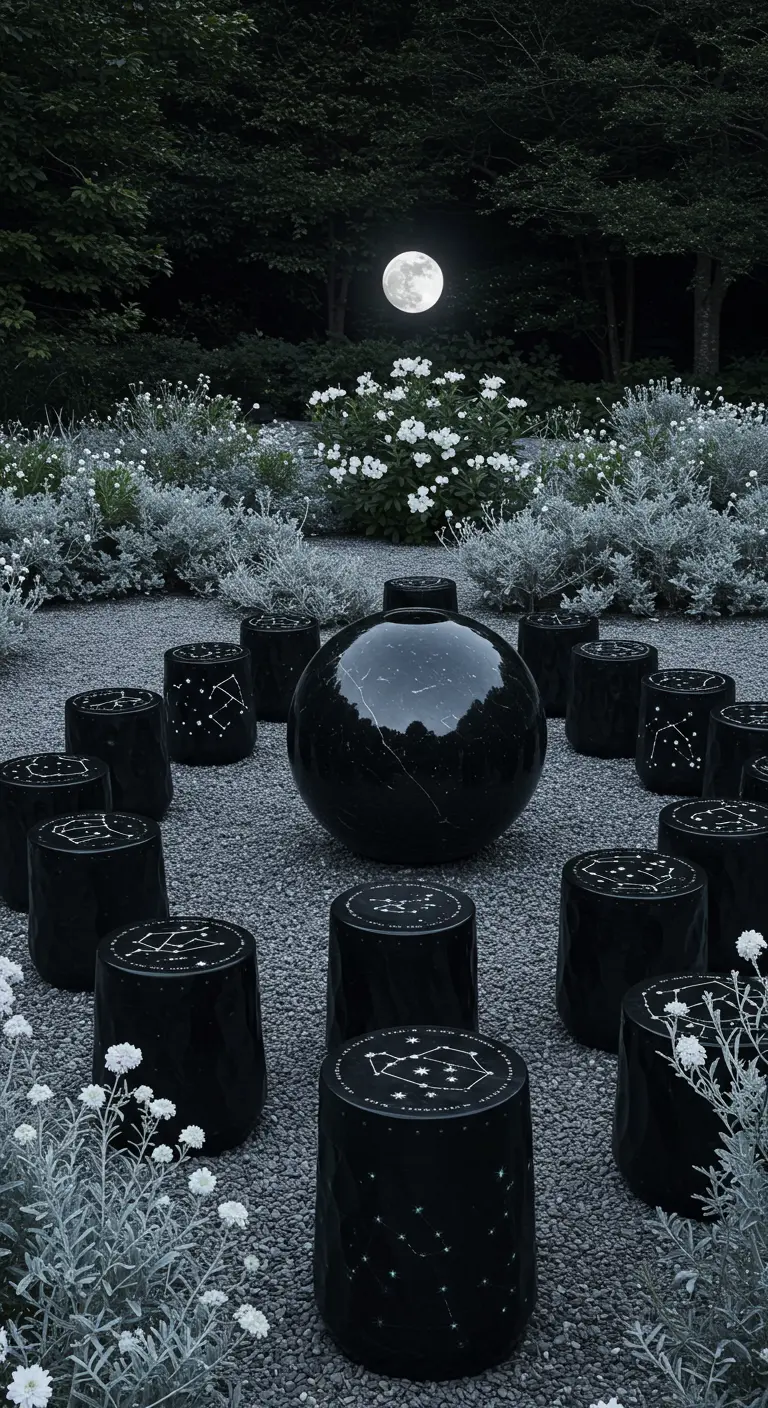 Black stools with white constellation patterns painted on top, circling a black spherical fountain at night.