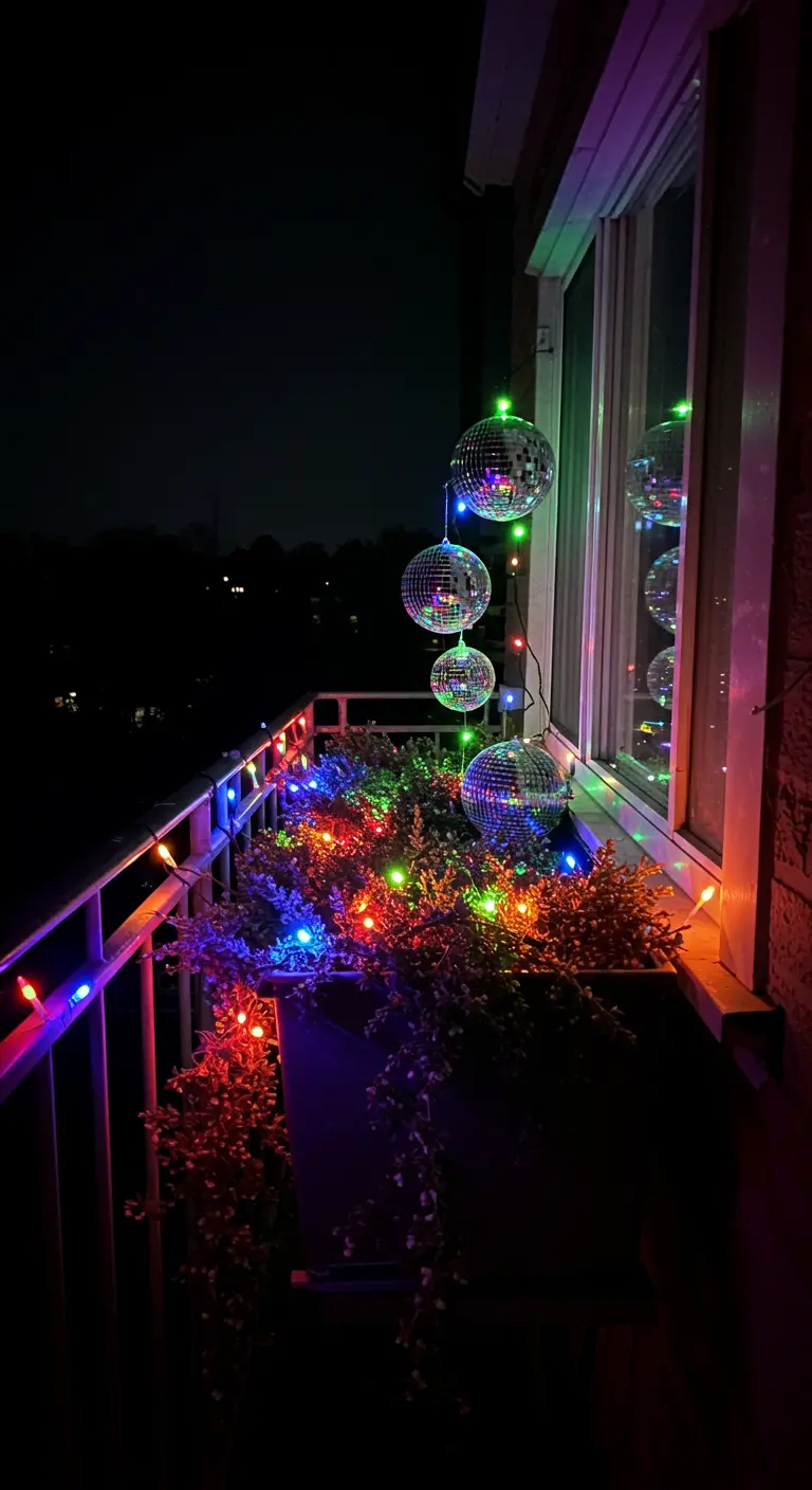 A window box at night decorated with colorful lights and hanging disco balls.